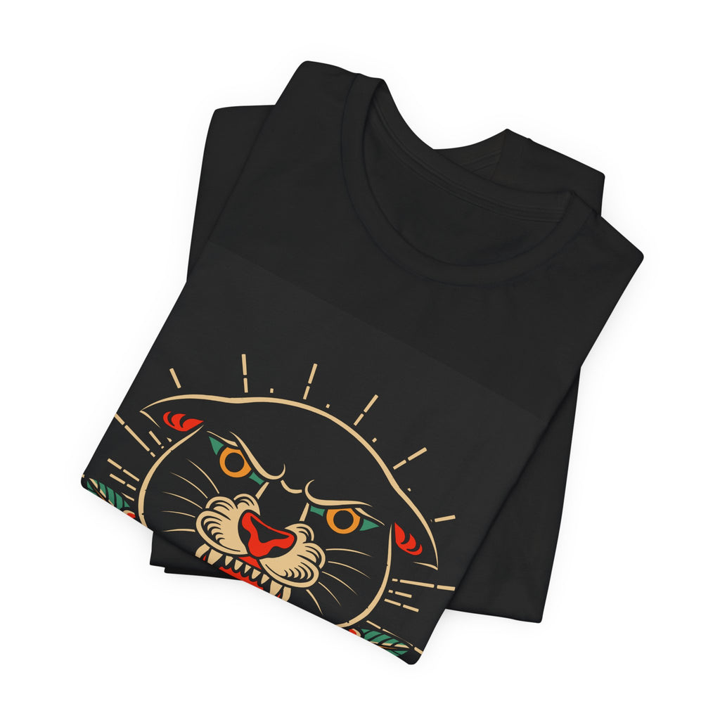 Panther Tattoo Tee — Vintage Roaring Panther with Roses Graphic T-Shirt