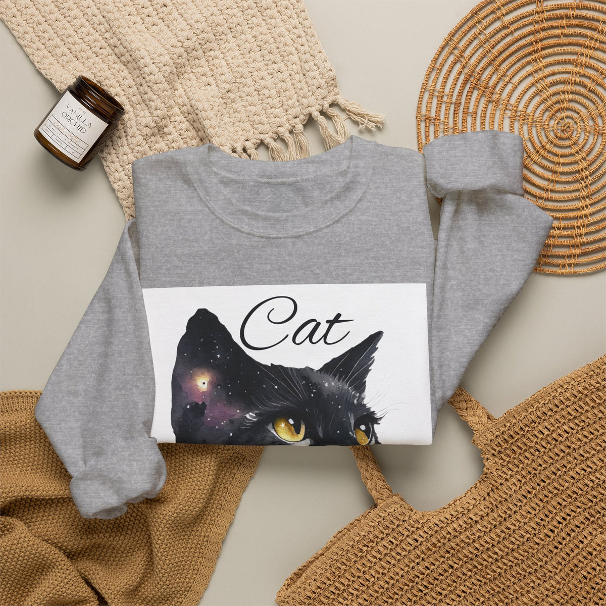 Galaxy Black Cat Sweatshirt — 'Cat' Watercolor Portrait Crewneck