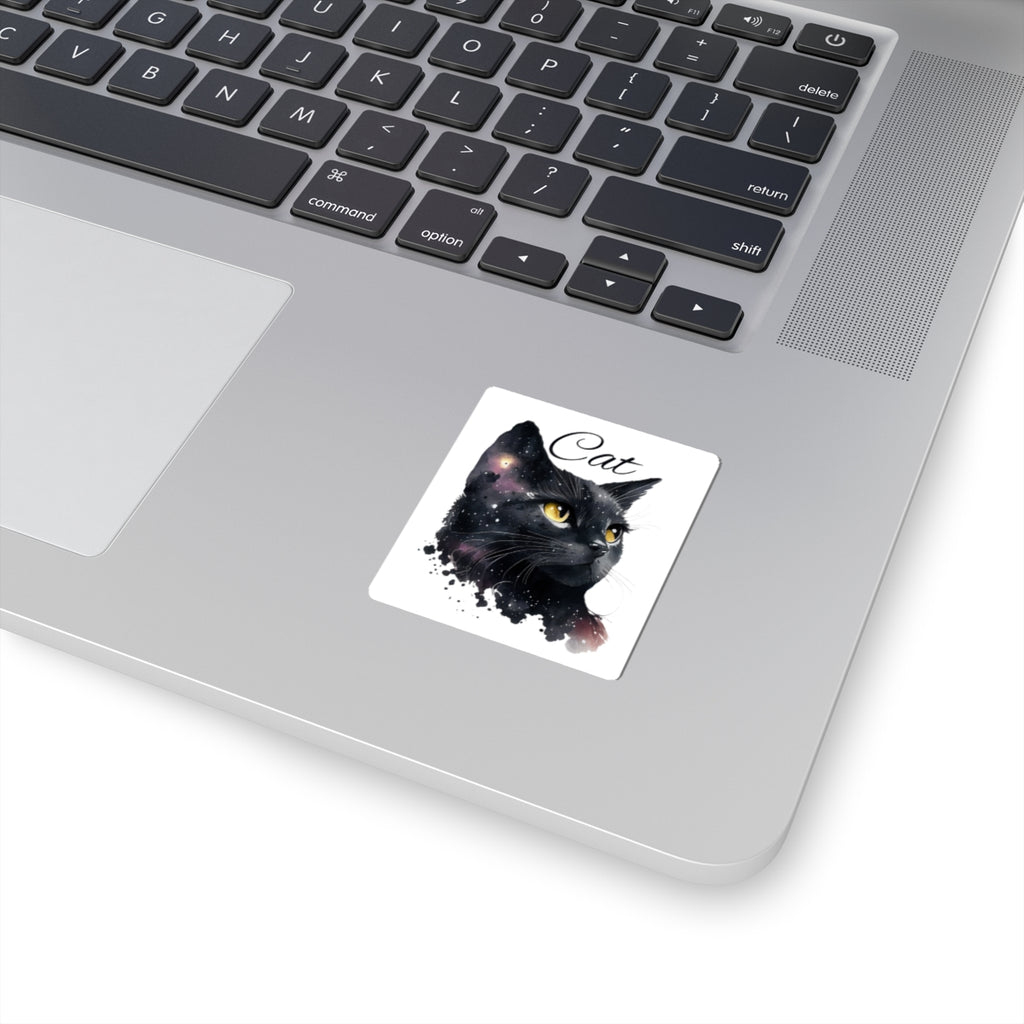 Black Cat Kiss-Cut Sticker — Cosmic Watercolor Cat Design