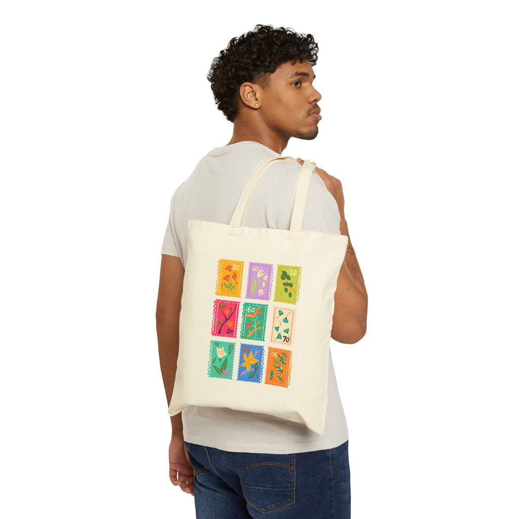 Floral Stamp Grid Canvas Tote