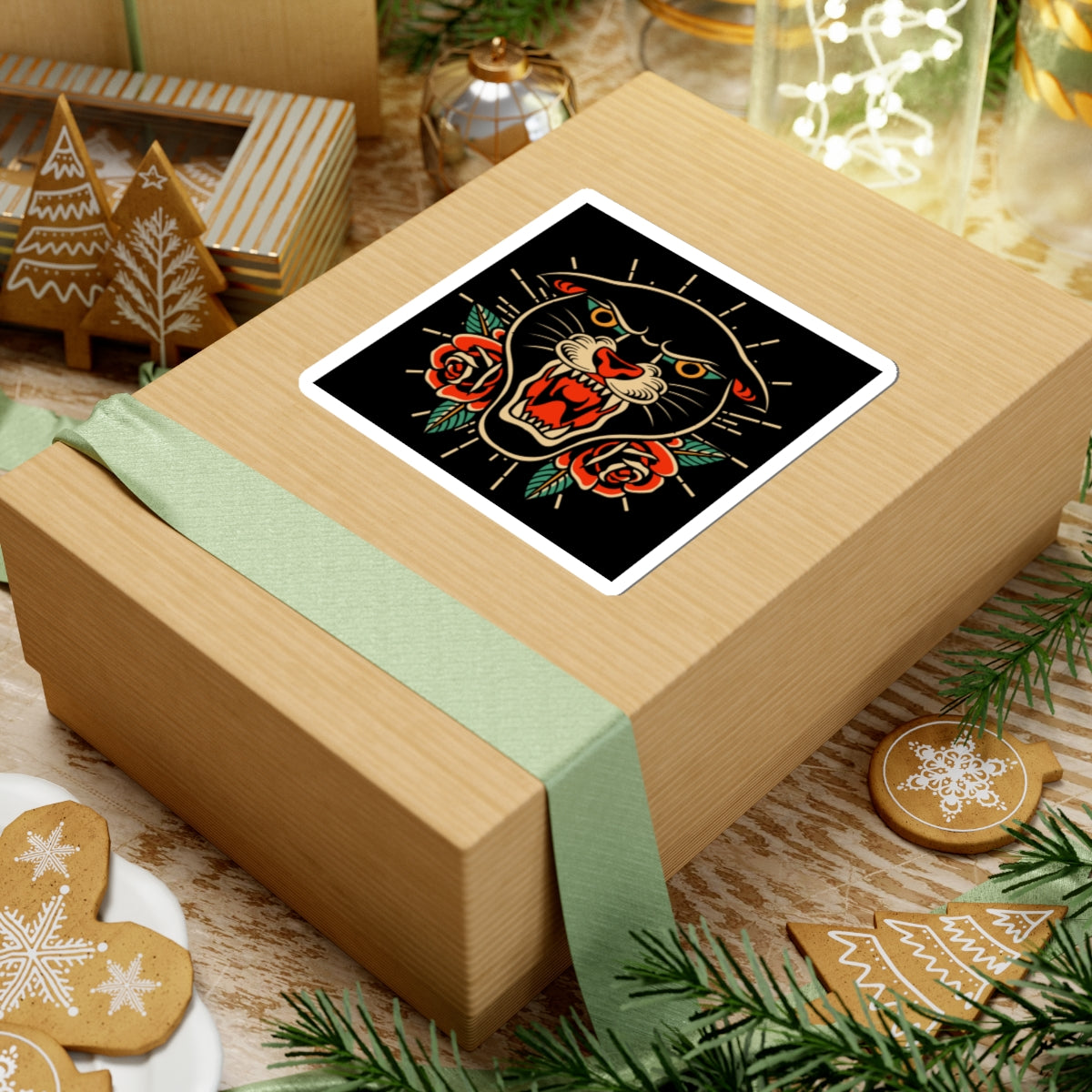 Panther & Roses Kiss-Cut Sticker — Retro Tattoo Style Laptop Decal