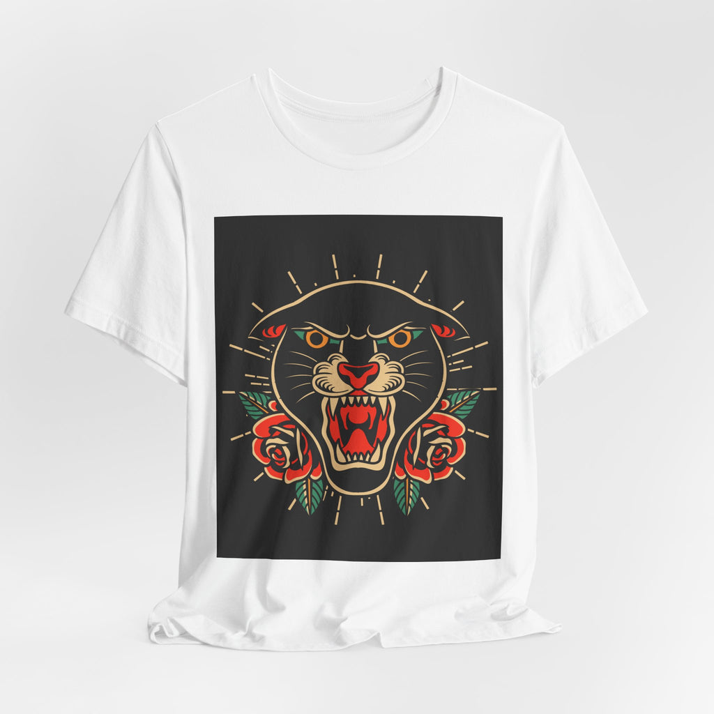 Panther Tattoo Tee — Vintage Roaring Panther with Roses Graphic T-Shirt