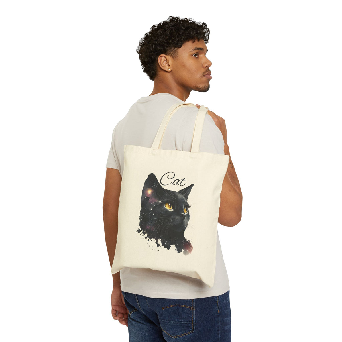 Black Cat Watercolor Tote — Cotton Canvas Cat Tote Bag