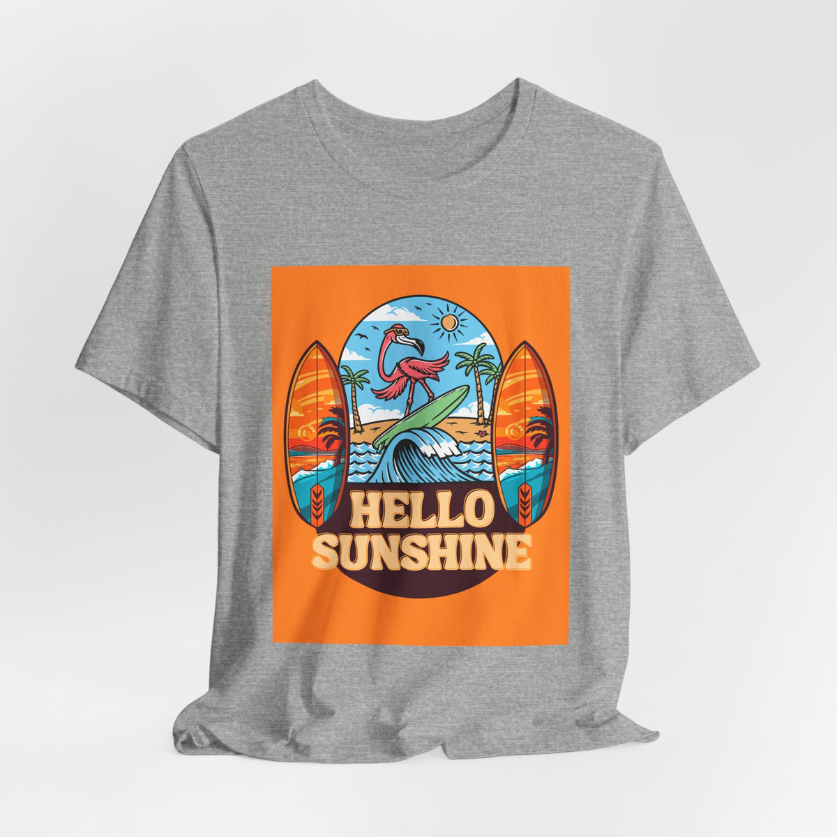 Hello Sunshine Tee — Retro Surf Flamingo Beach T-Shirt
