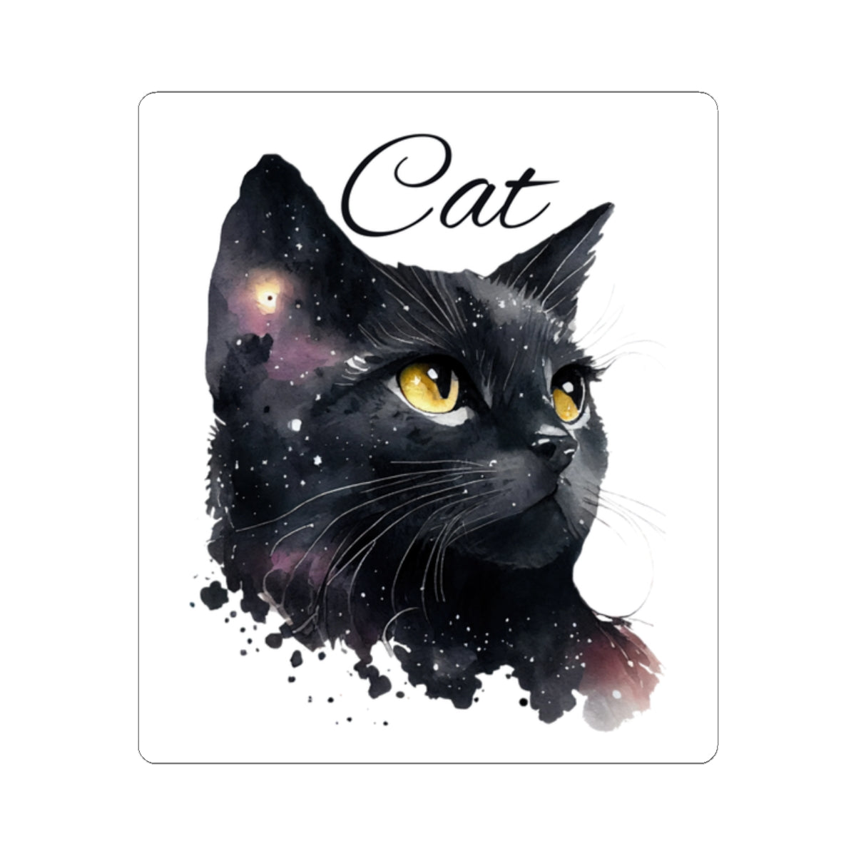 Black Cat Kiss-Cut Sticker — Cosmic Watercolor Cat Design