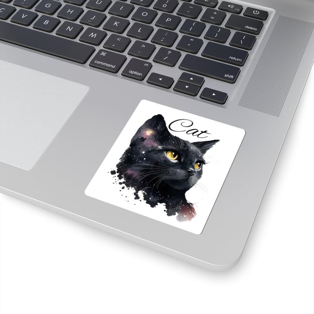 Black Cat Kiss-Cut Sticker — Cosmic Watercolor Cat Design