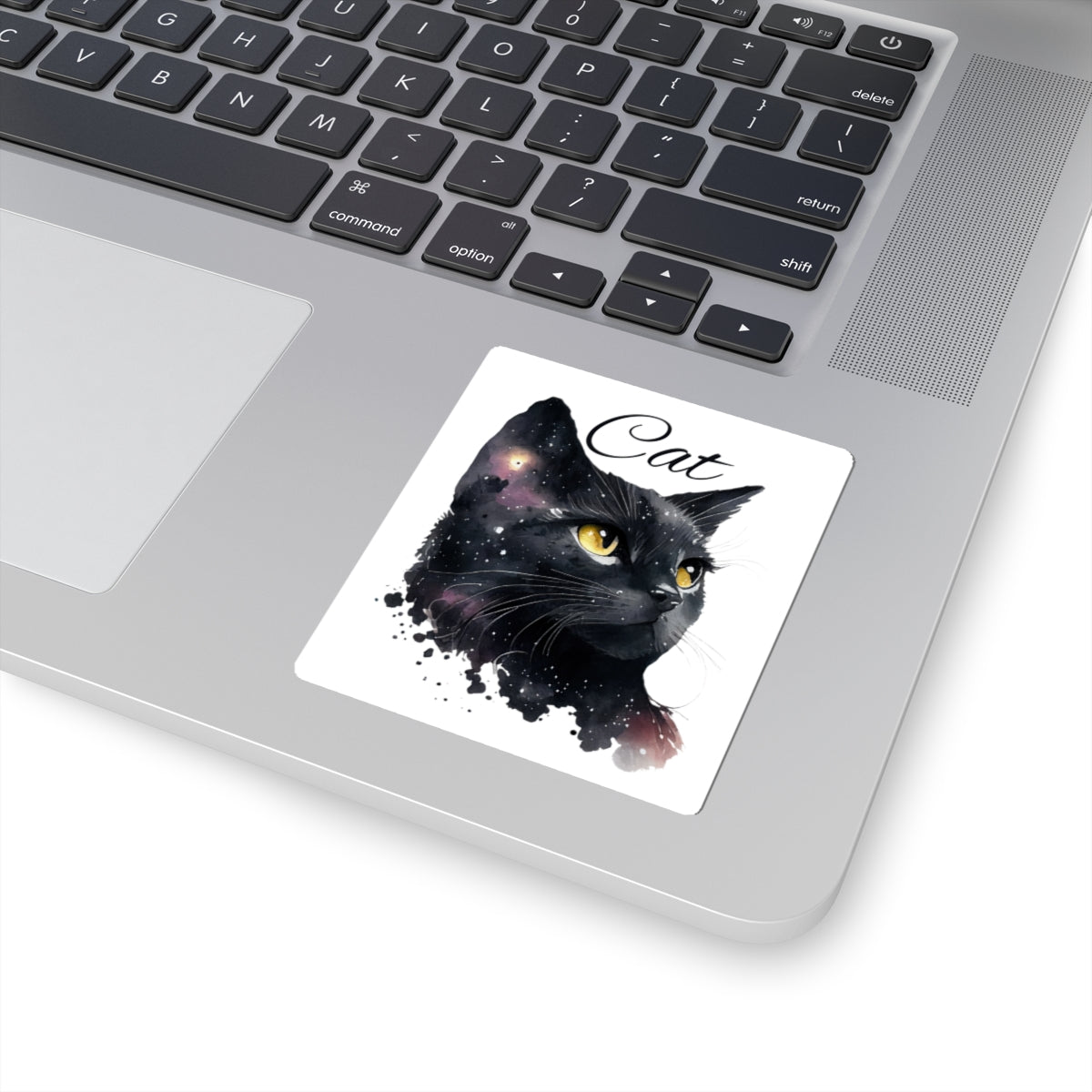 Black Cat Kiss-Cut Sticker — Cosmic Watercolor Cat Design