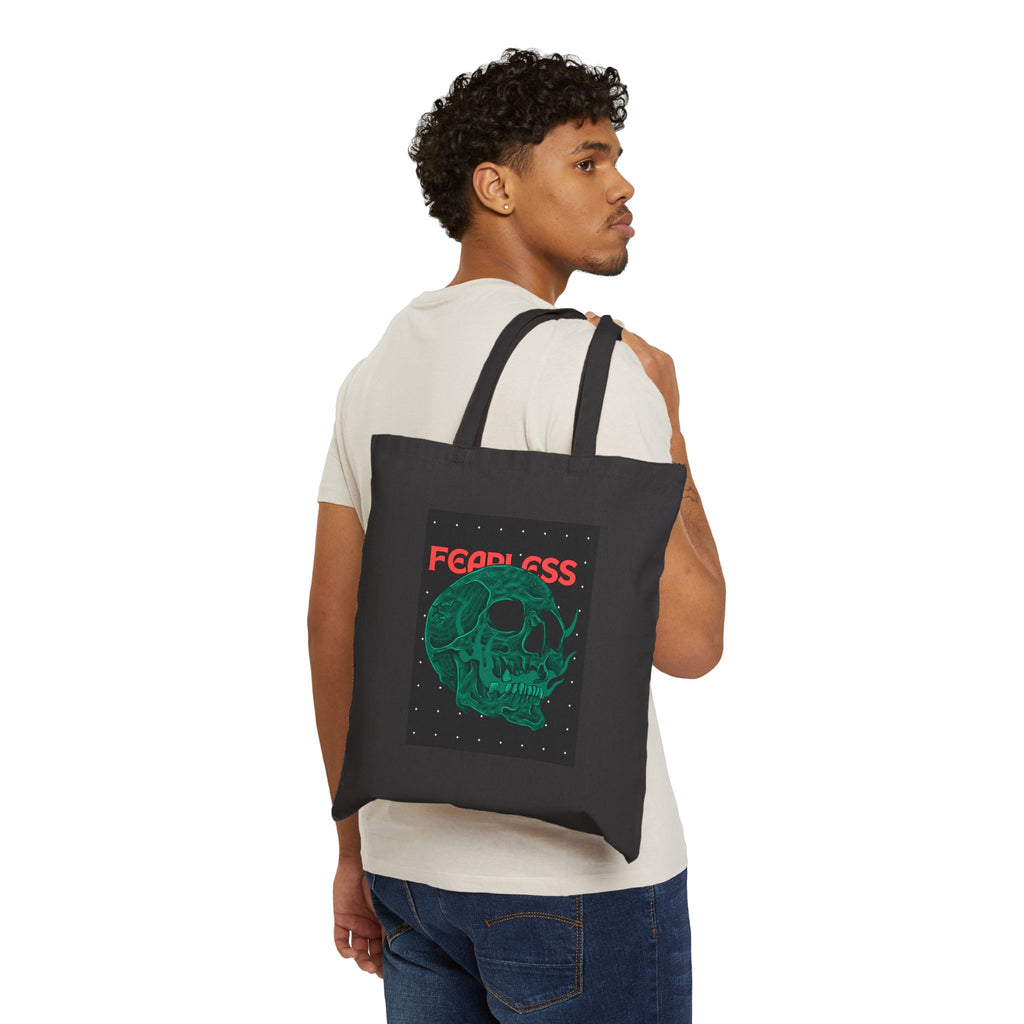 Fearless Skull Tote Bag — Gothic Green Skull Cotton Canvas Grocery & Everyday Tote