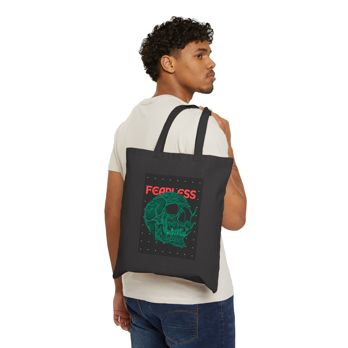 Fearless Skull Tote Bag — Gothic Green Skull Cotton Canvas Grocery & Everyday Tote