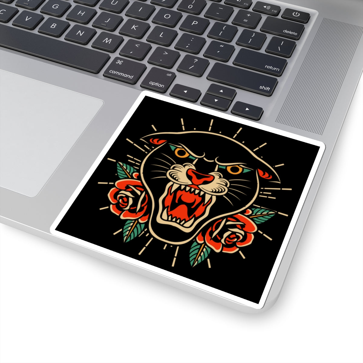 Panther & Roses Kiss-Cut Sticker — Retro Tattoo Style Laptop Decal