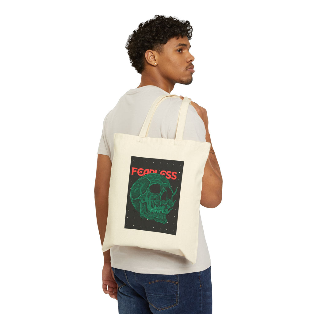 Fearless Skull Tote Bag — Gothic Green Skull Cotton Canvas Grocery & Everyday Tote