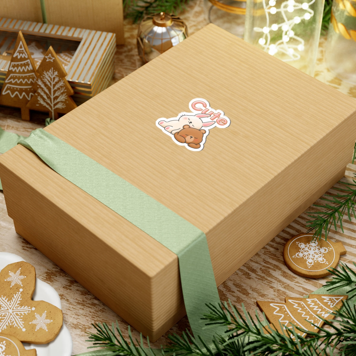 Cute Bunny & Bear Sticker — Kiss-Cut Decorative Laptop Sticker with 'Cute' Text