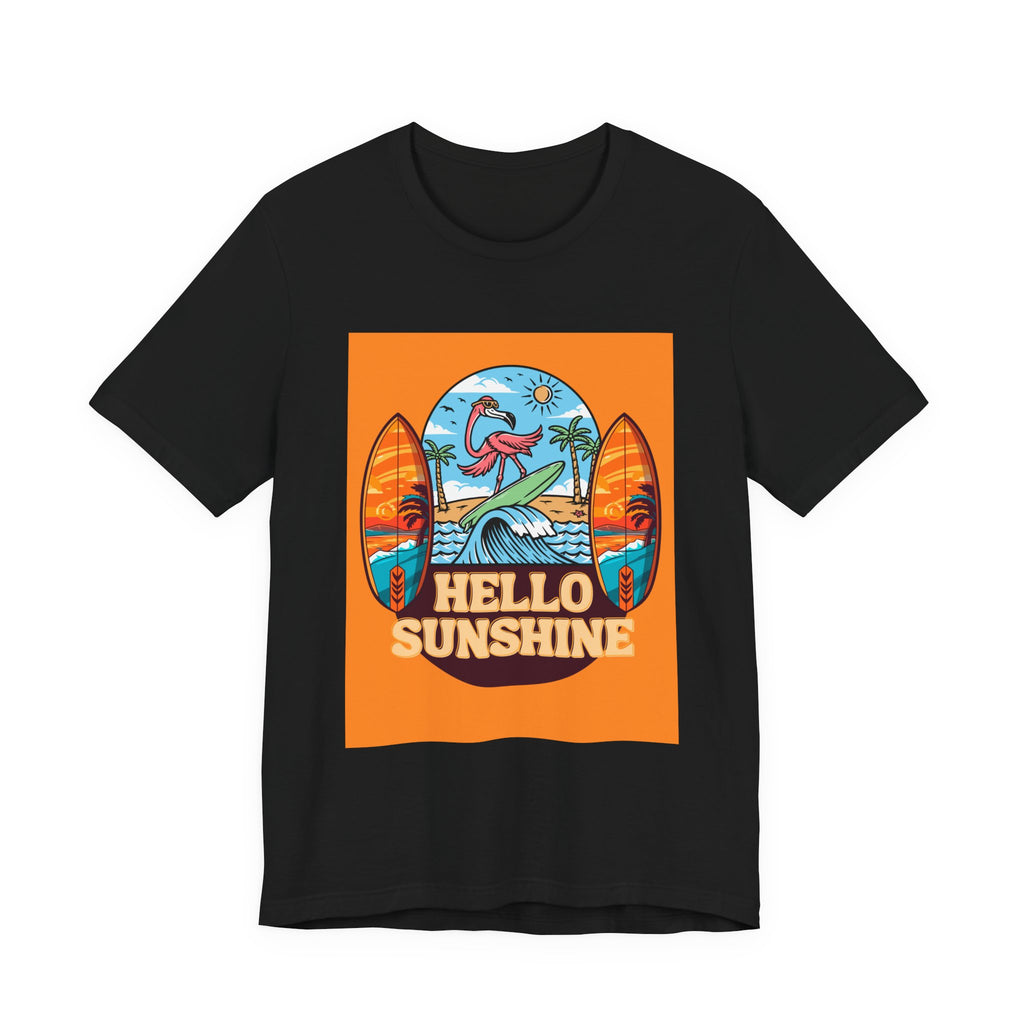 Hello Sunshine Tee — Retro Surf Flamingo Beach T-Shirt