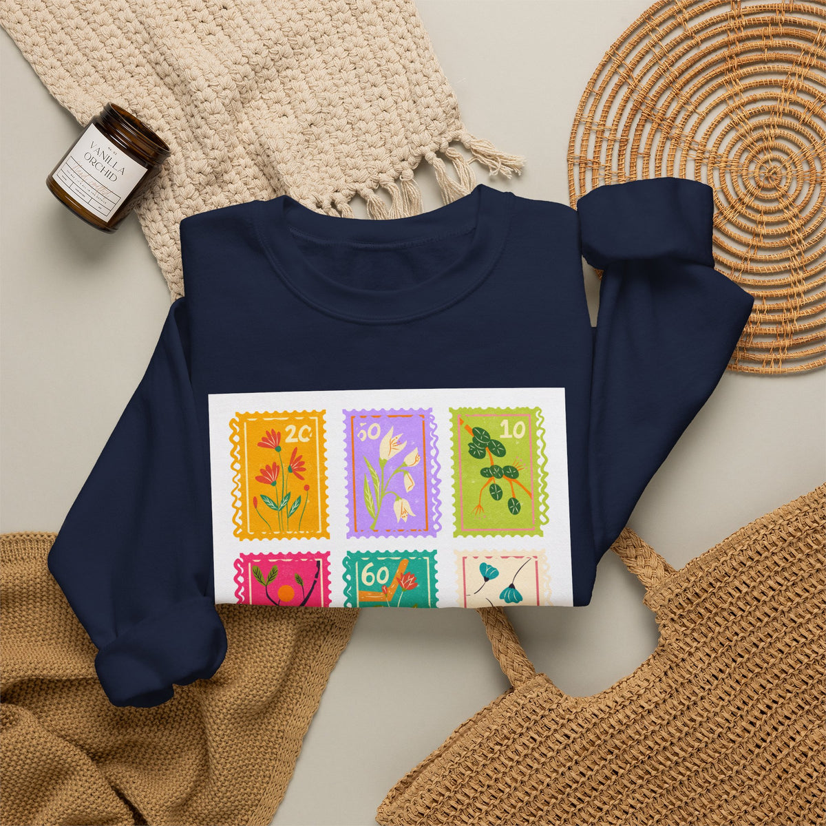 Floral Stamp Patch Sweatshirt — Colorful Botanical Crewneck