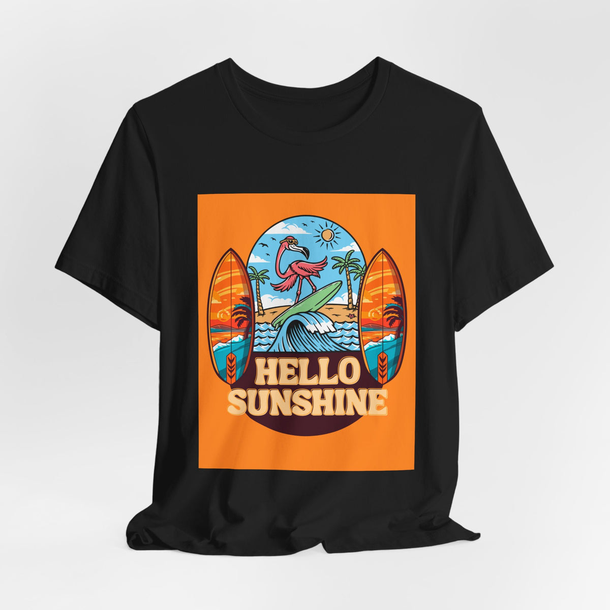 Hello Sunshine Tee — Retro Surf Flamingo Beach T-Shirt
