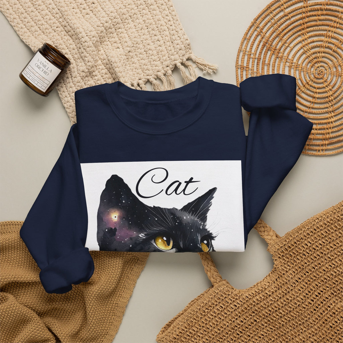 Galaxy Black Cat Sweatshirt — 'Cat' Watercolor Portrait Crewneck