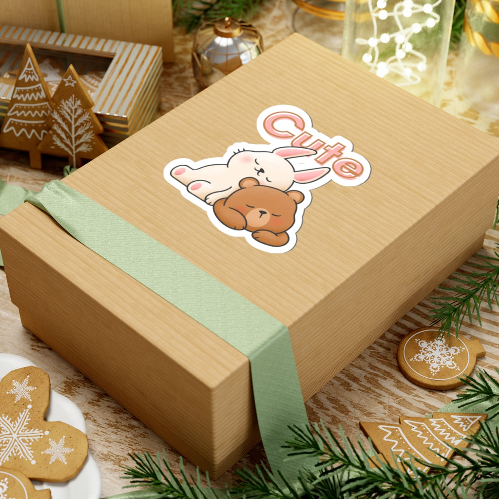 Cute Bunny & Bear Sticker — Kiss-Cut Decorative Laptop Sticker with 'Cute' Text