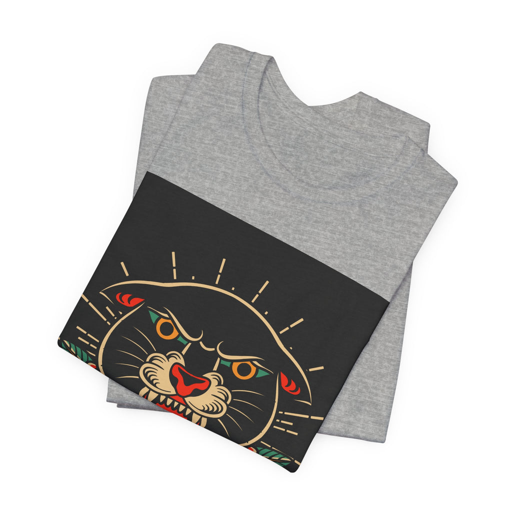 Panther Tattoo Tee — Vintage Roaring Panther with Roses Graphic T-Shirt