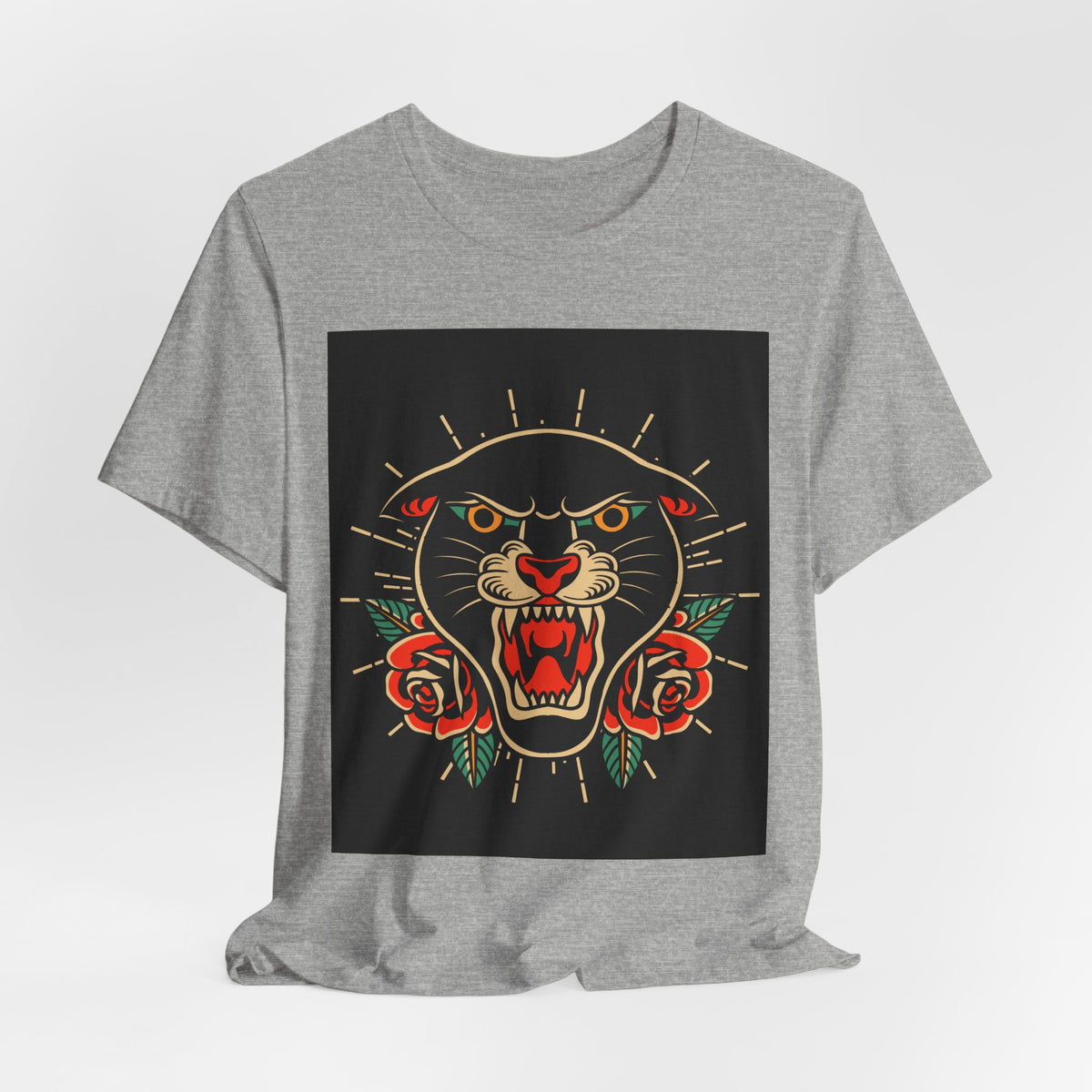 Panther Tattoo Tee — Vintage Roaring Panther with Roses Graphic T-Shirt