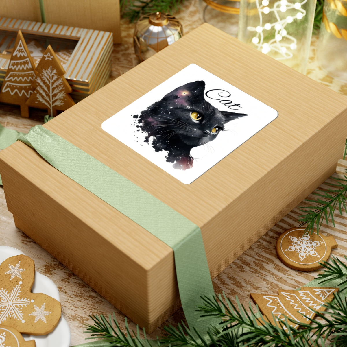Black Cat Kiss-Cut Sticker — Cosmic Watercolor Cat Design