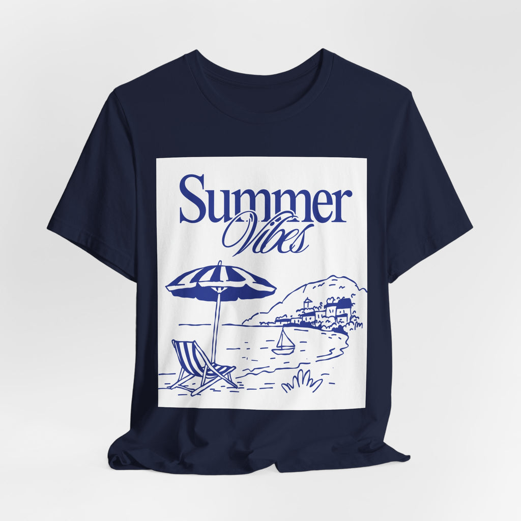 Summer Vibes Beach T-Shirt — Coastal Umbrella & Seaside Illustration Tee