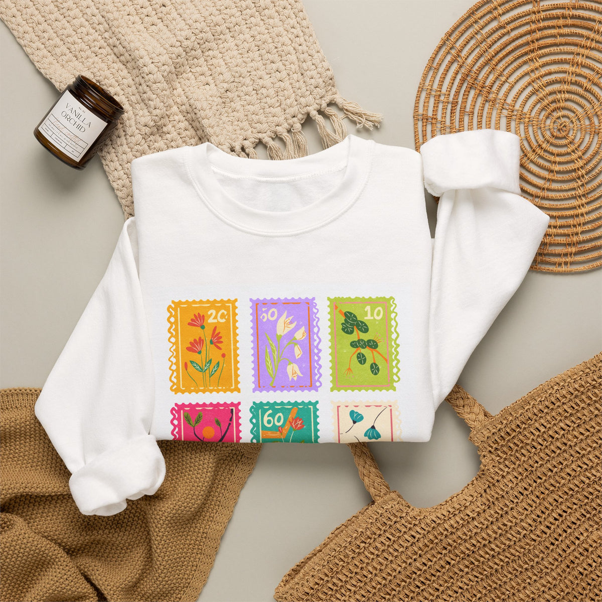 Floral Stamp Patch Sweatshirt — Colorful Botanical Crewneck