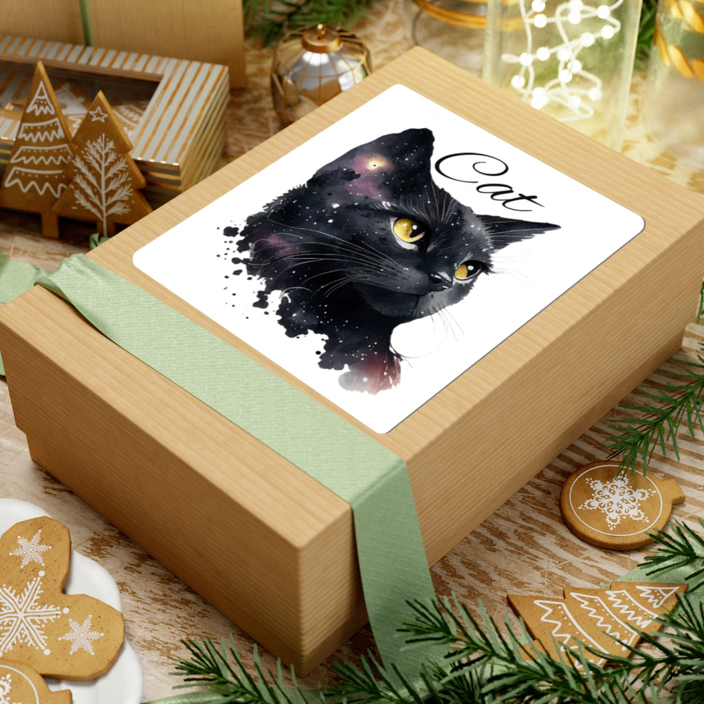 Black Cat Kiss-Cut Sticker — Cosmic Watercolor Cat Design