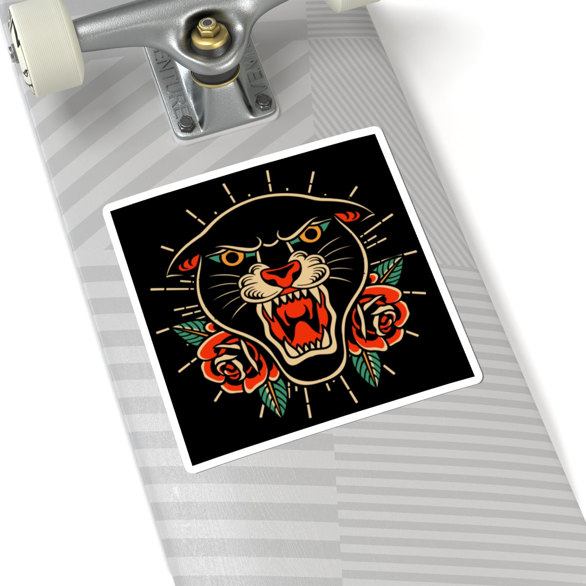 Panther & Roses Kiss-Cut Sticker — Retro Tattoo Style Laptop Decal