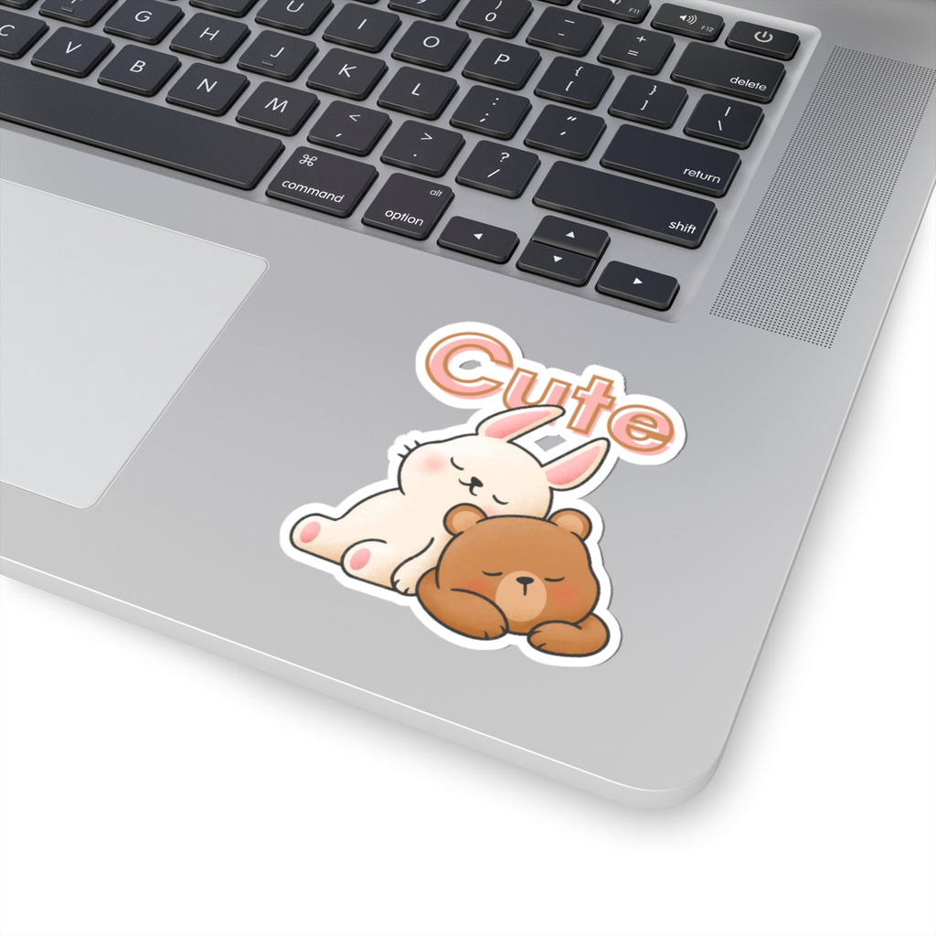 Cute Bunny & Bear Sticker — Kiss-Cut Decorative Laptop Sticker with 'Cute' Text