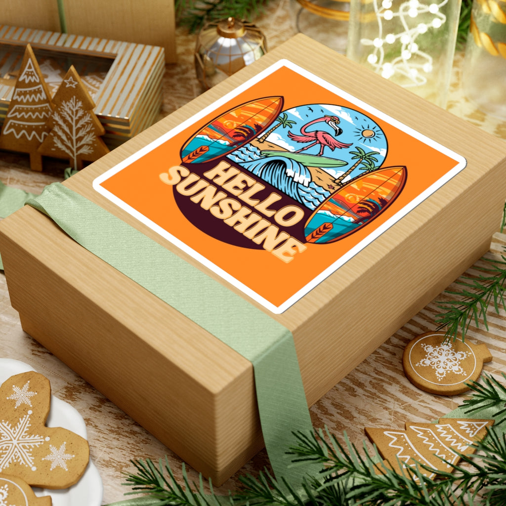 Hello Sunshine Surf Flamingo Sticker — Beachy Kiss-Cut Sticker