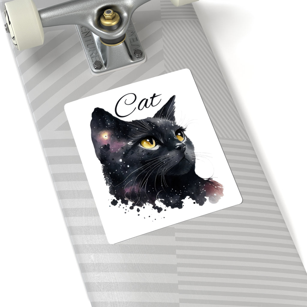 Black Cat Kiss-Cut Sticker — Cosmic Watercolor Cat Design