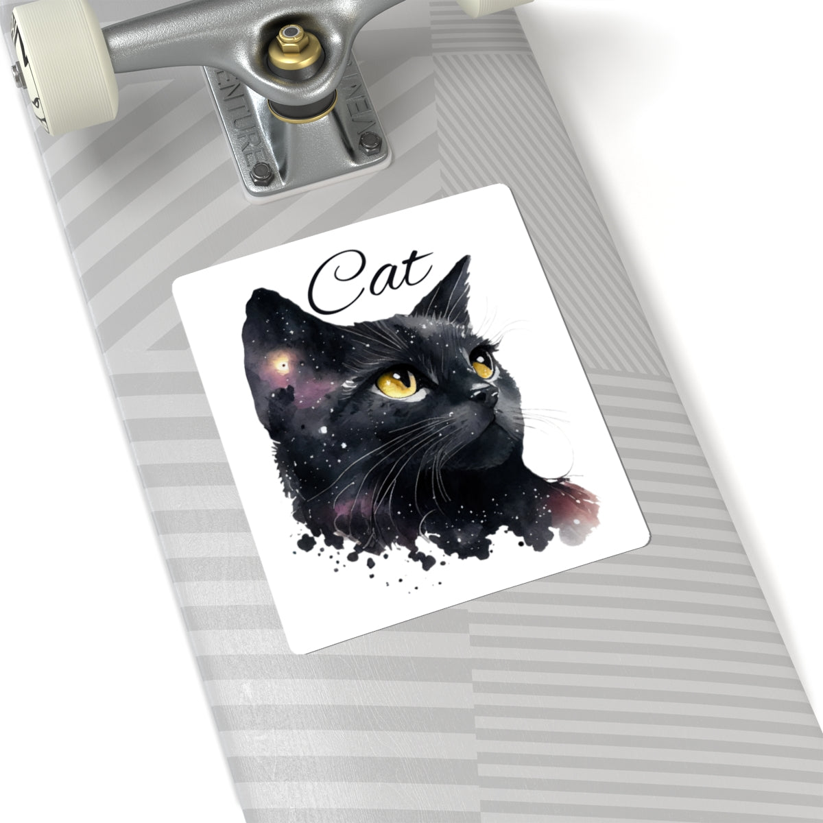 Black Cat Kiss-Cut Sticker — Cosmic Watercolor Cat Design