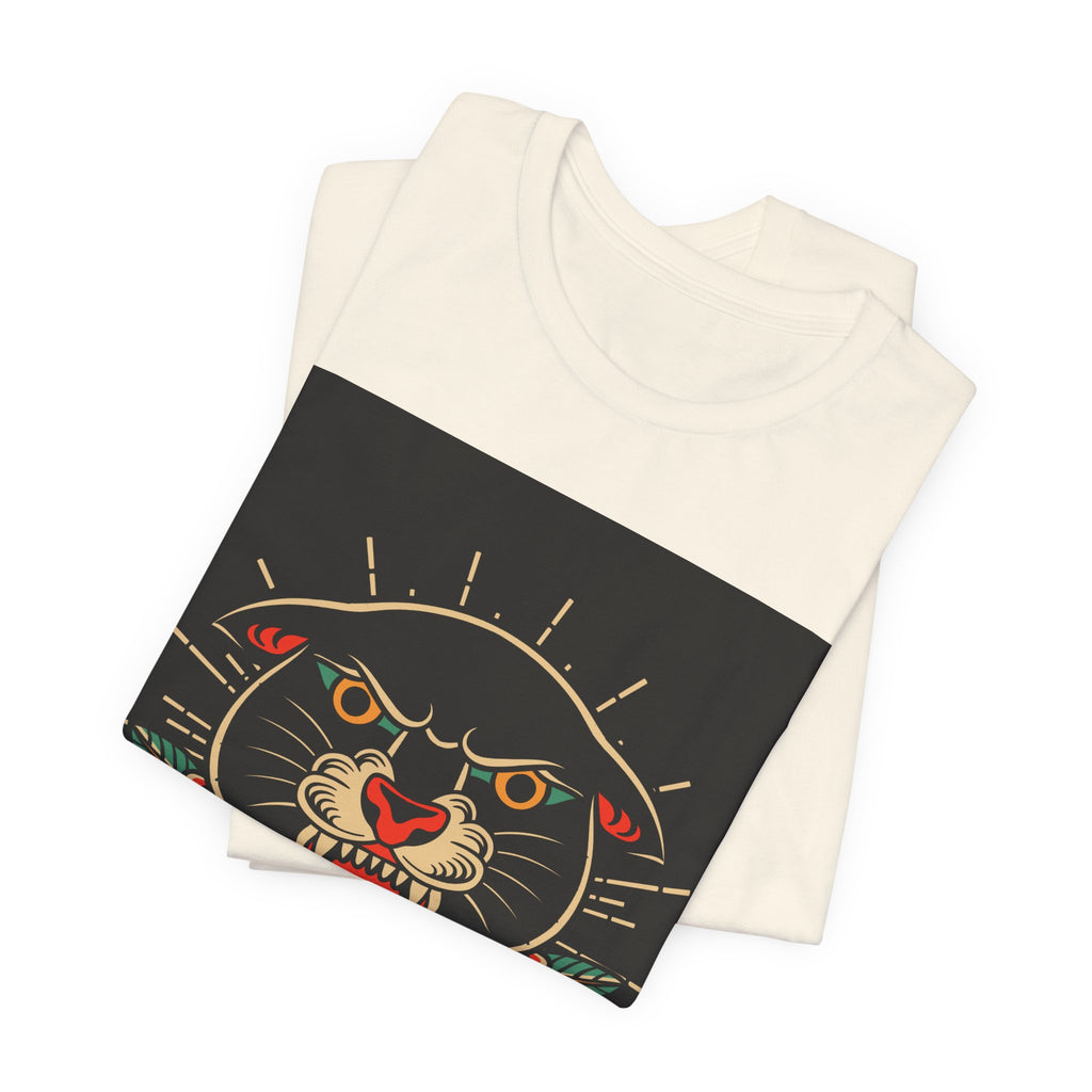 Panther Tattoo Tee — Vintage Roaring Panther with Roses Graphic T-Shirt