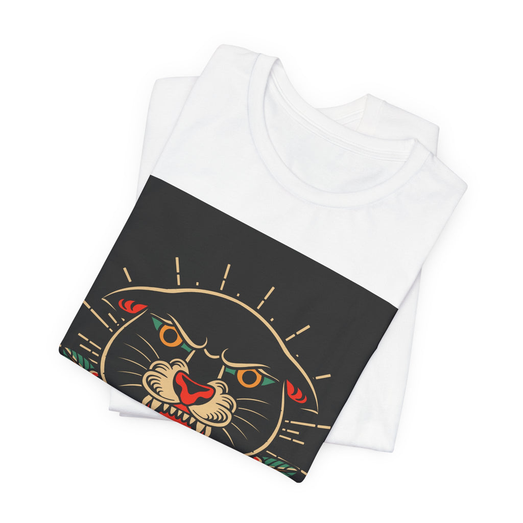 Panther Tattoo Tee — Vintage Roaring Panther with Roses Graphic T-Shirt