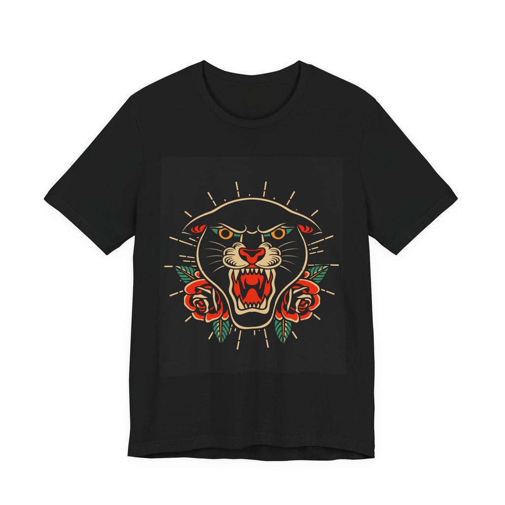 Panther Tattoo Tee — Vintage Roaring Panther with Roses Graphic T-Shirt