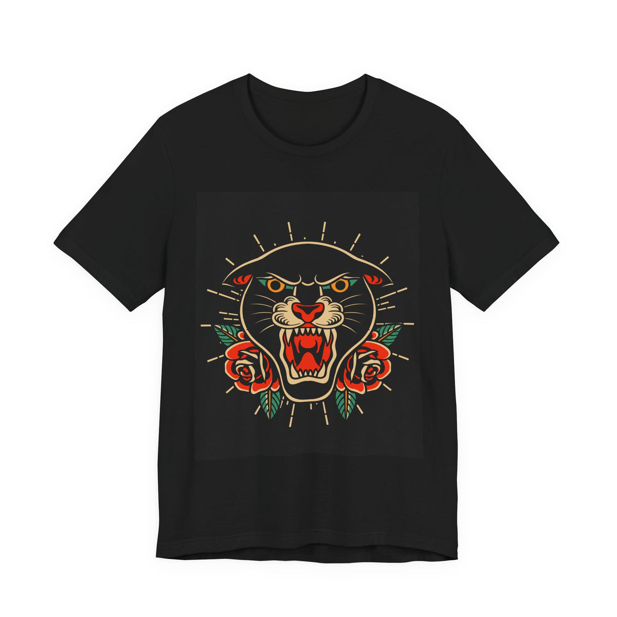 Panther Tattoo Tee — Vintage Roaring Panther with Roses Graphic T-Shirt