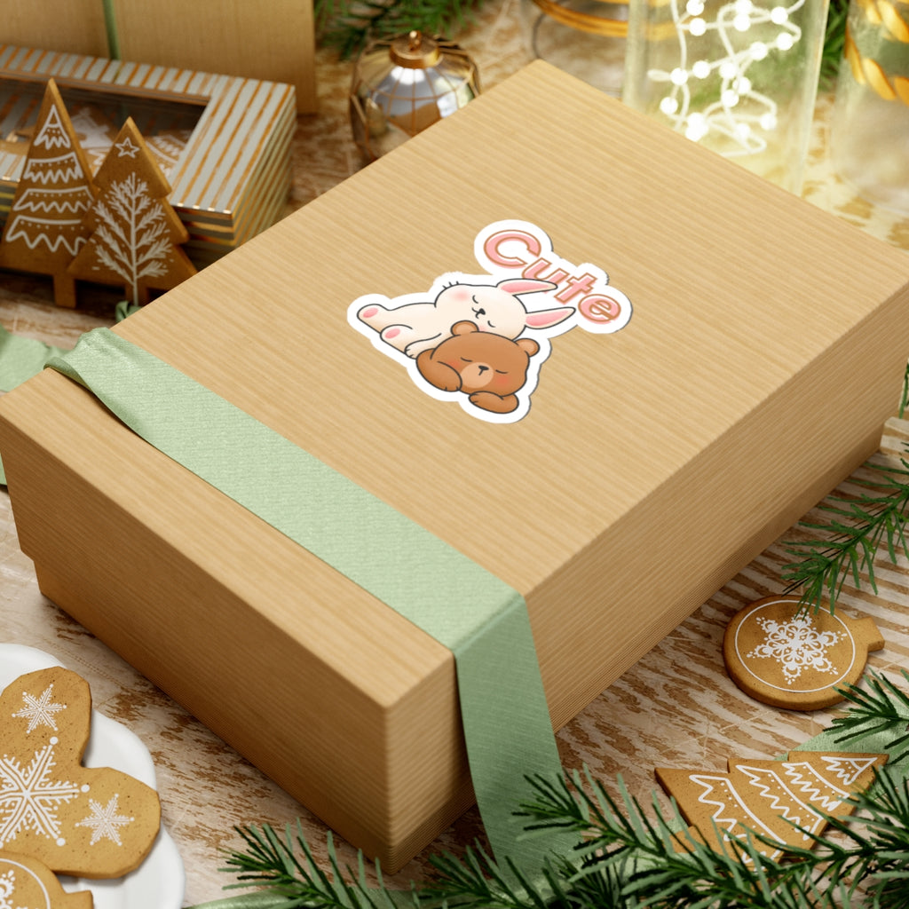 Cute Bunny & Bear Sticker — Kiss-Cut Decorative Laptop Sticker with 'Cute' Text