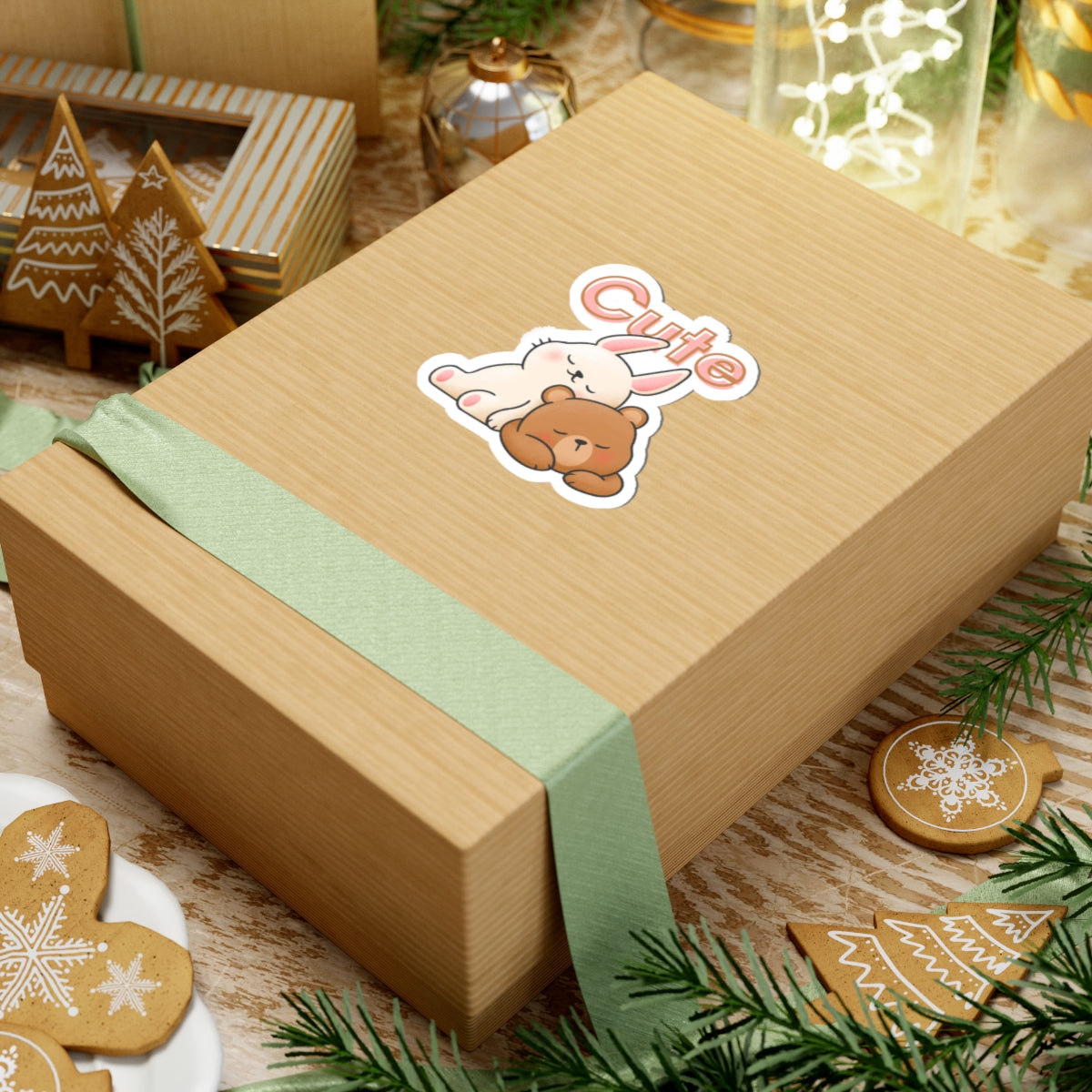 Cute Bunny & Bear Sticker — Kiss-Cut Decorative Laptop Sticker with 'Cute' Text