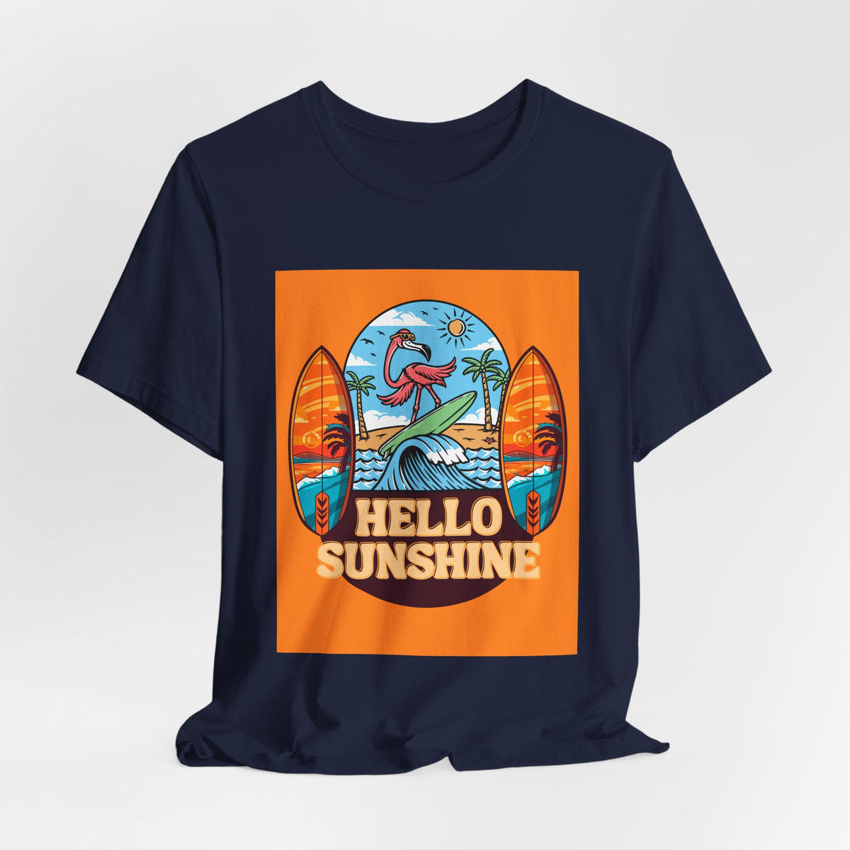 Hello Sunshine Tee — Retro Surf Flamingo Beach T-Shirt