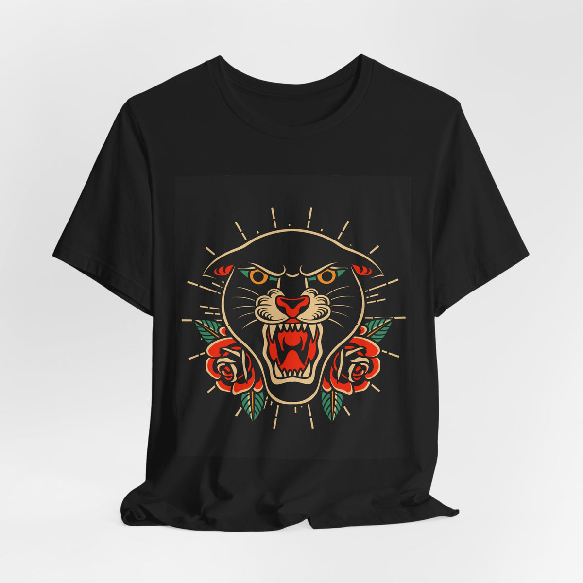 Panther Tattoo Tee — Vintage Roaring Panther with Roses Graphic T-Shirt