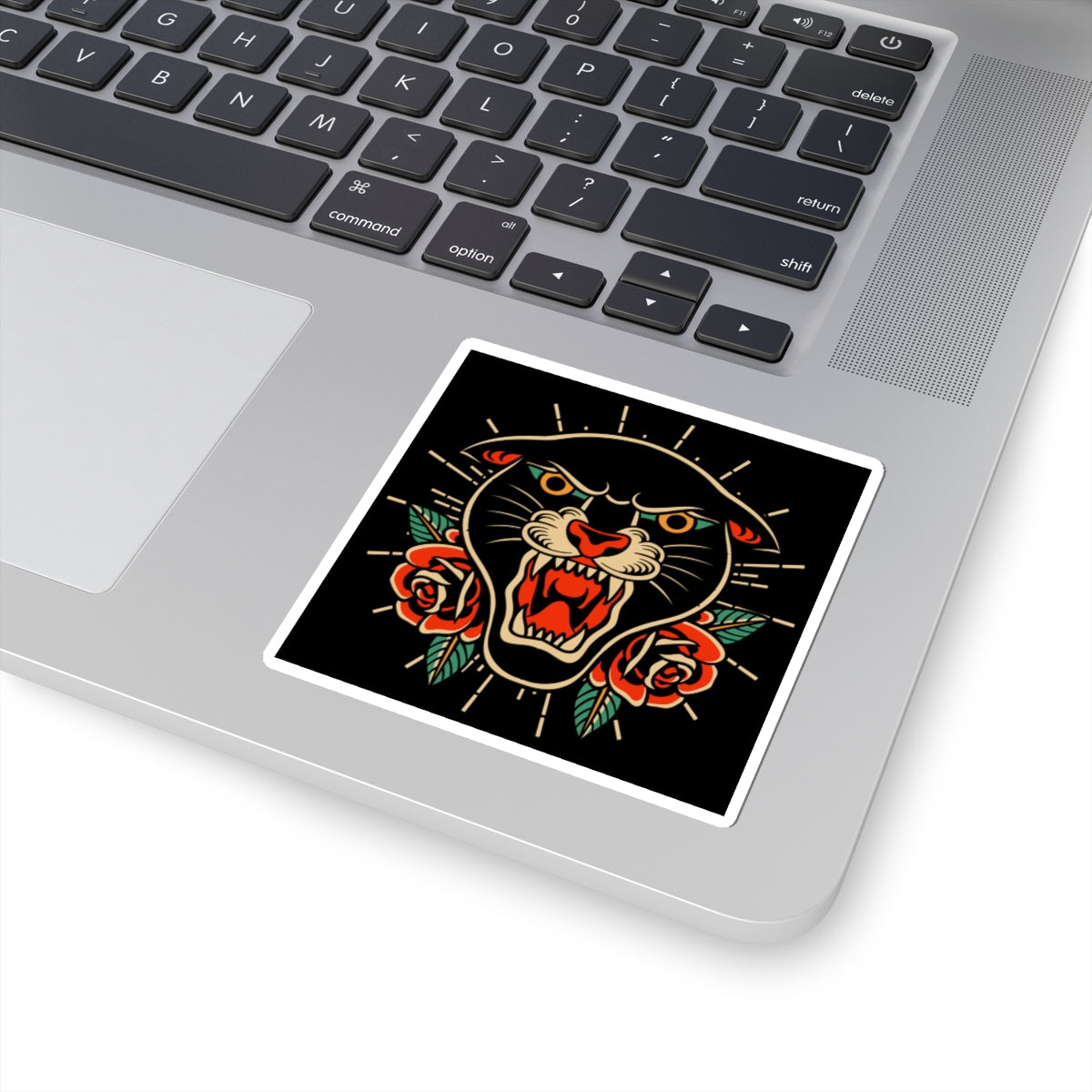Panther & Roses Kiss-Cut Sticker — Retro Tattoo Style Laptop Decal