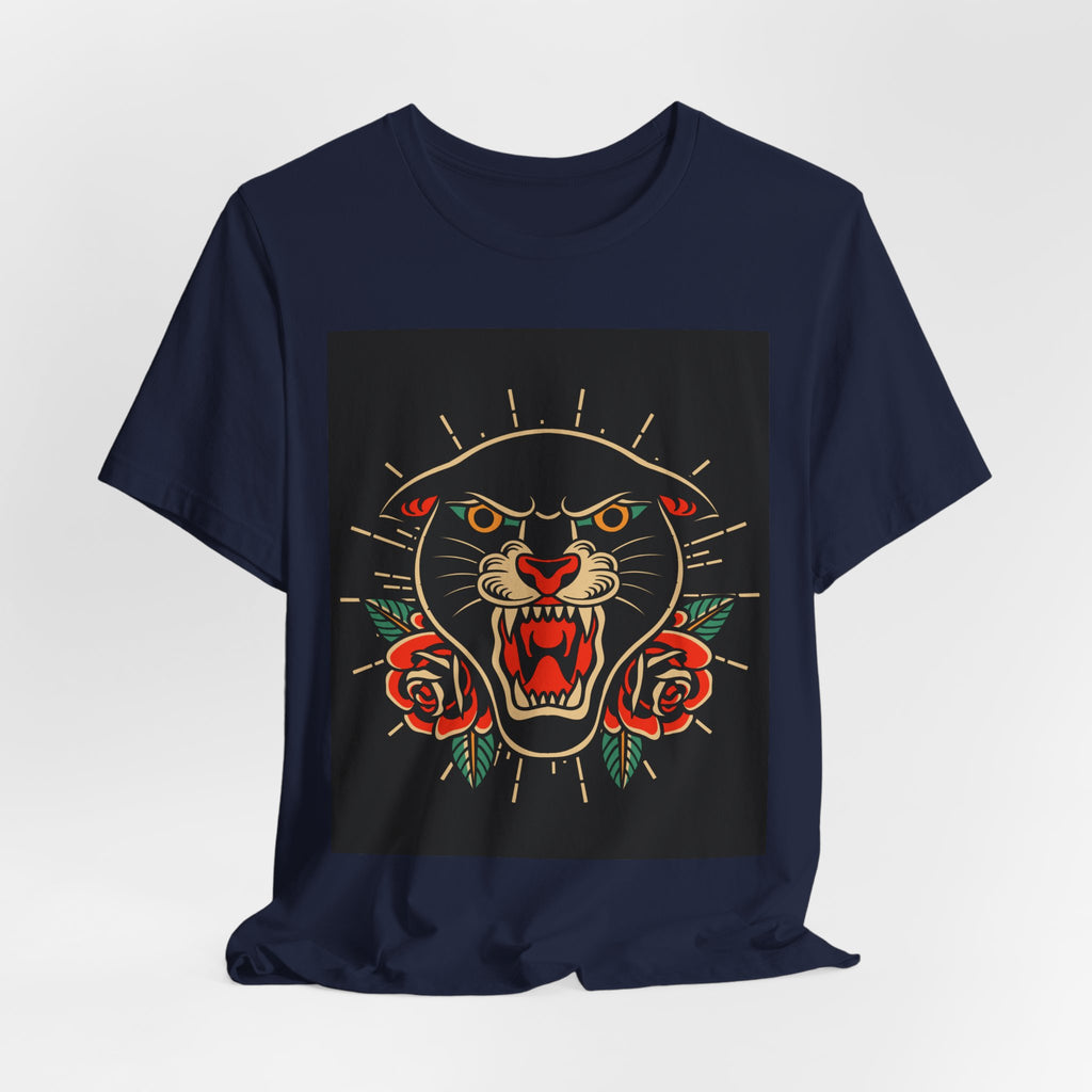 Panther Tattoo Tee — Vintage Roaring Panther with Roses Graphic T-Shirt