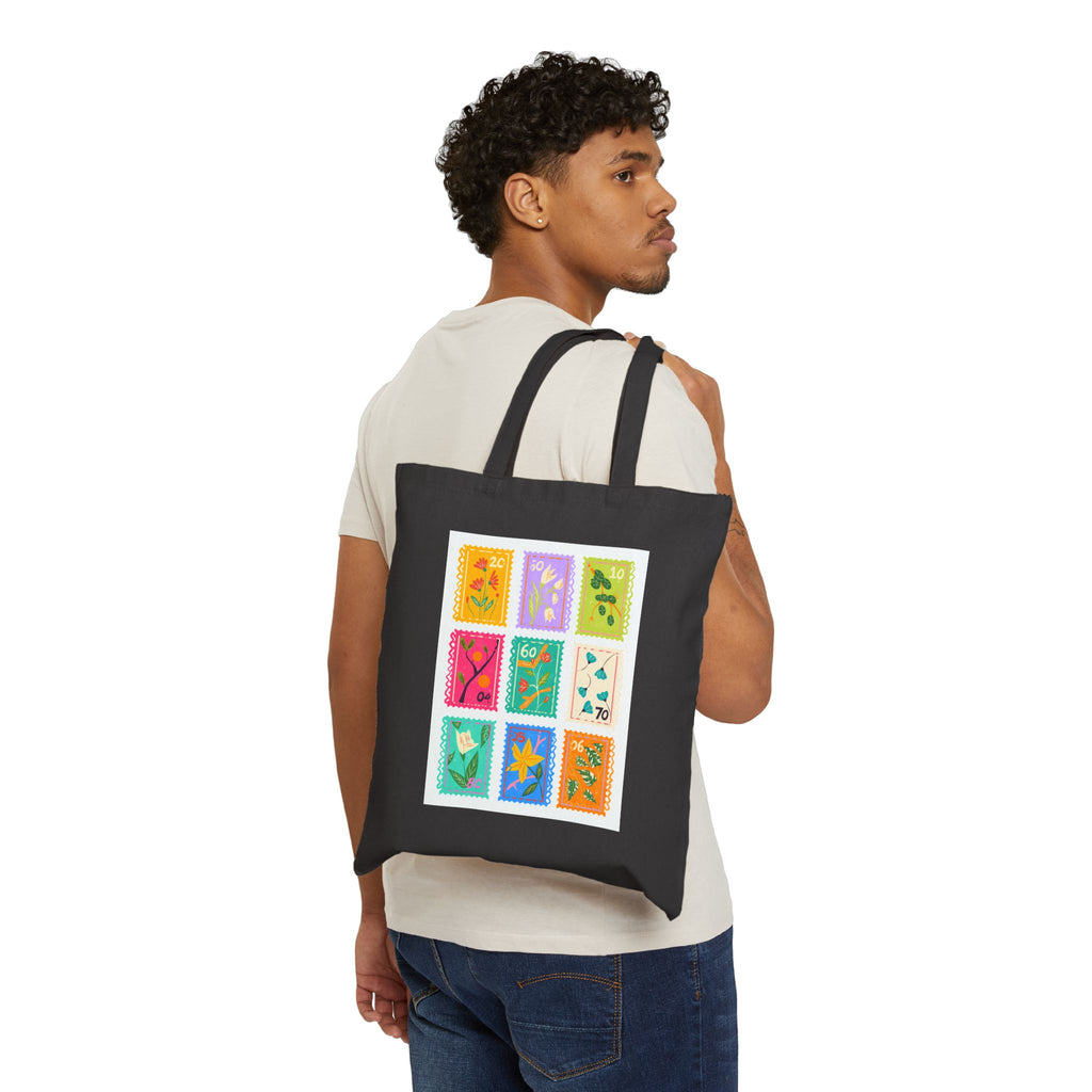 Floral Stamp Grid Canvas Tote