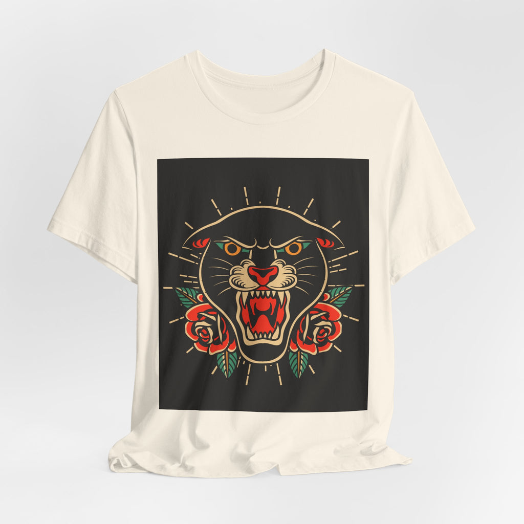 Panther Tattoo Tee — Vintage Roaring Panther with Roses Graphic T-Shirt