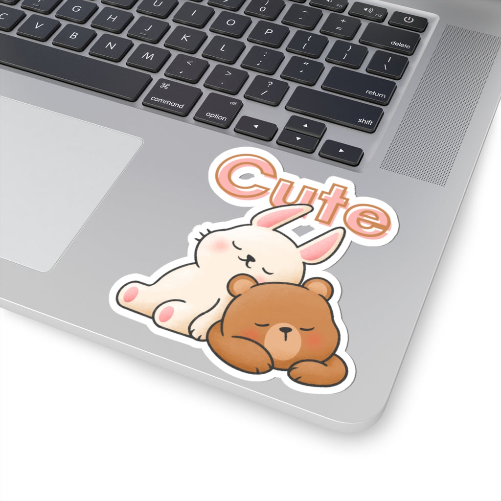 Cute Bunny & Bear Sticker — Kiss-Cut Decorative Laptop Sticker with 'Cute' Text