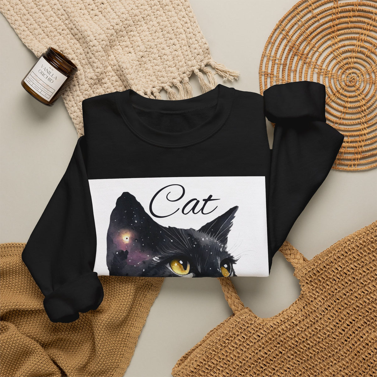 Galaxy Black Cat Sweatshirt — 'Cat' Watercolor Portrait Crewneck