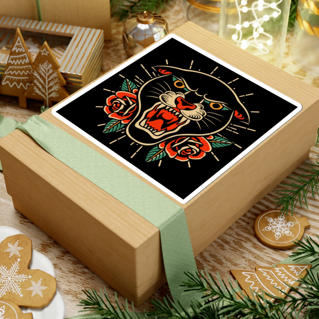 Panther & Roses Kiss-Cut Sticker — Retro Tattoo Style Laptop Decal