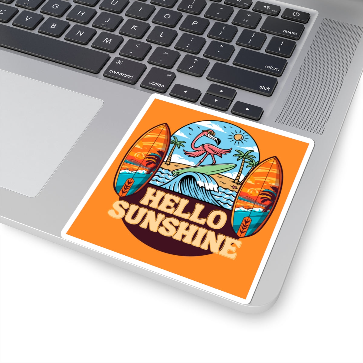 Hello Sunshine Surf Flamingo Sticker — Beachy Kiss-Cut Sticker