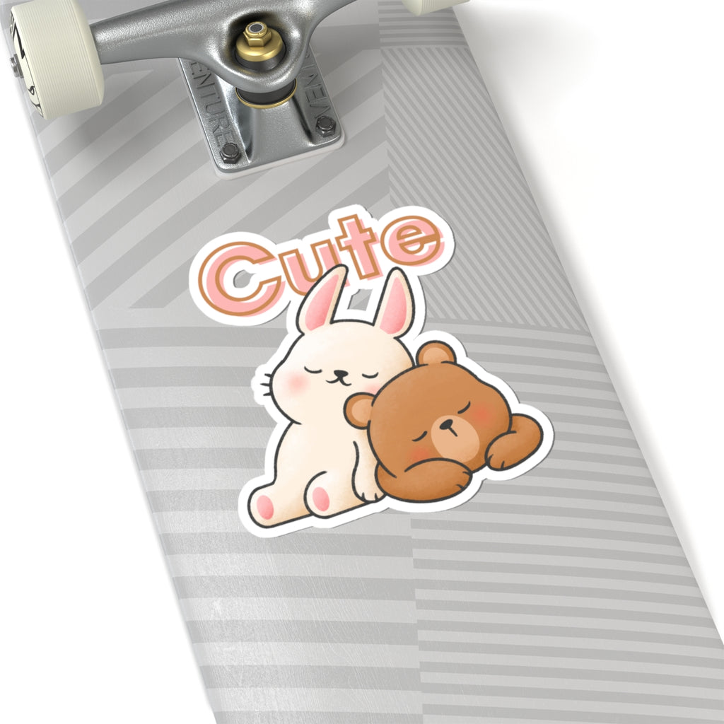 Cute Bunny & Bear Sticker — Kiss-Cut Decorative Laptop Sticker with 'Cute' Text