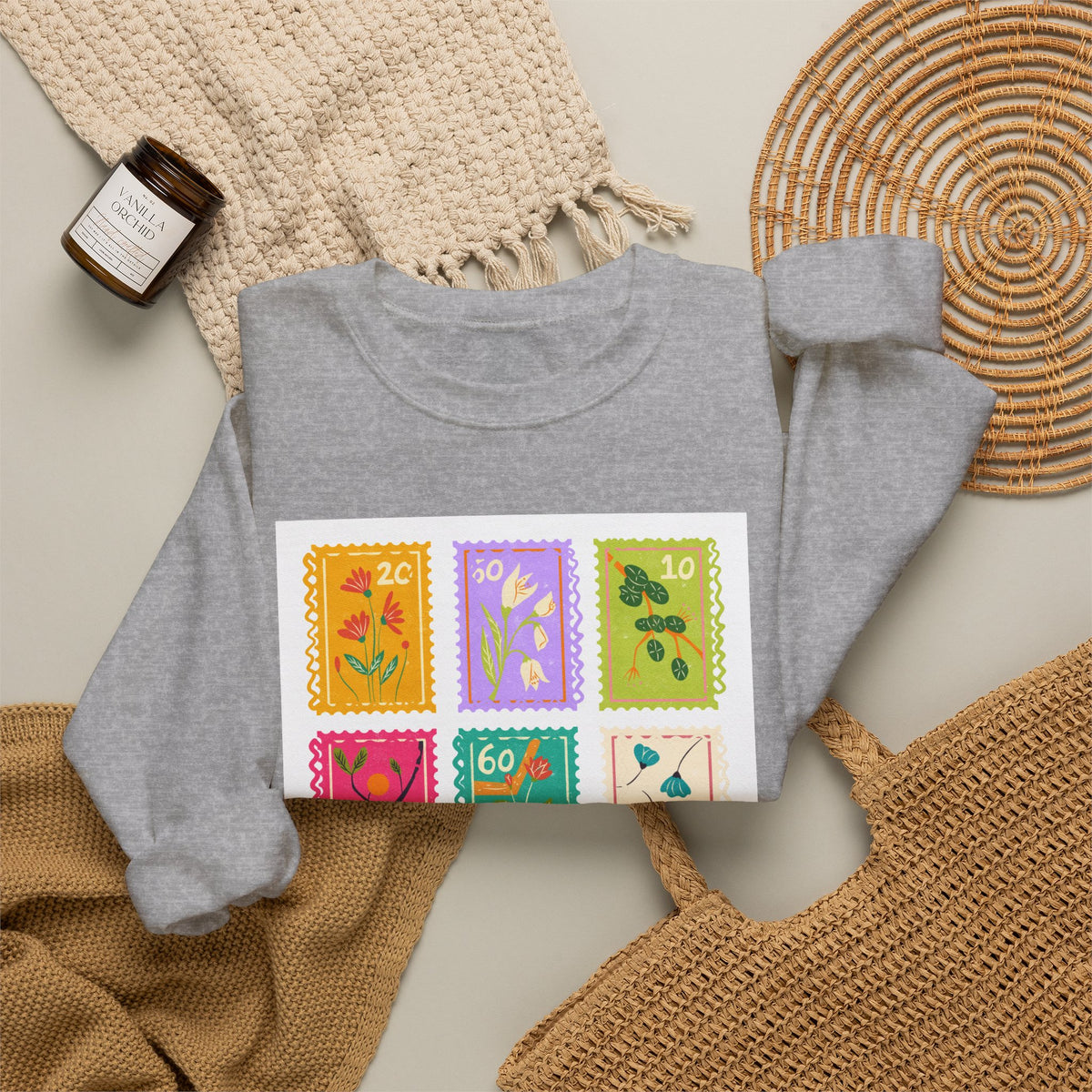 Floral Stamp Patch Sweatshirt — Colorful Botanical Crewneck